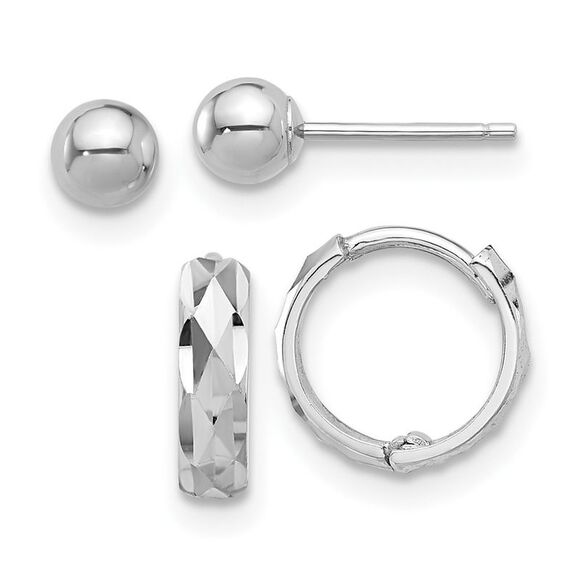 Kazi Luxury 14K White Gold Polished 4mm Ball and D/C Hinged Hoop Earring Set
